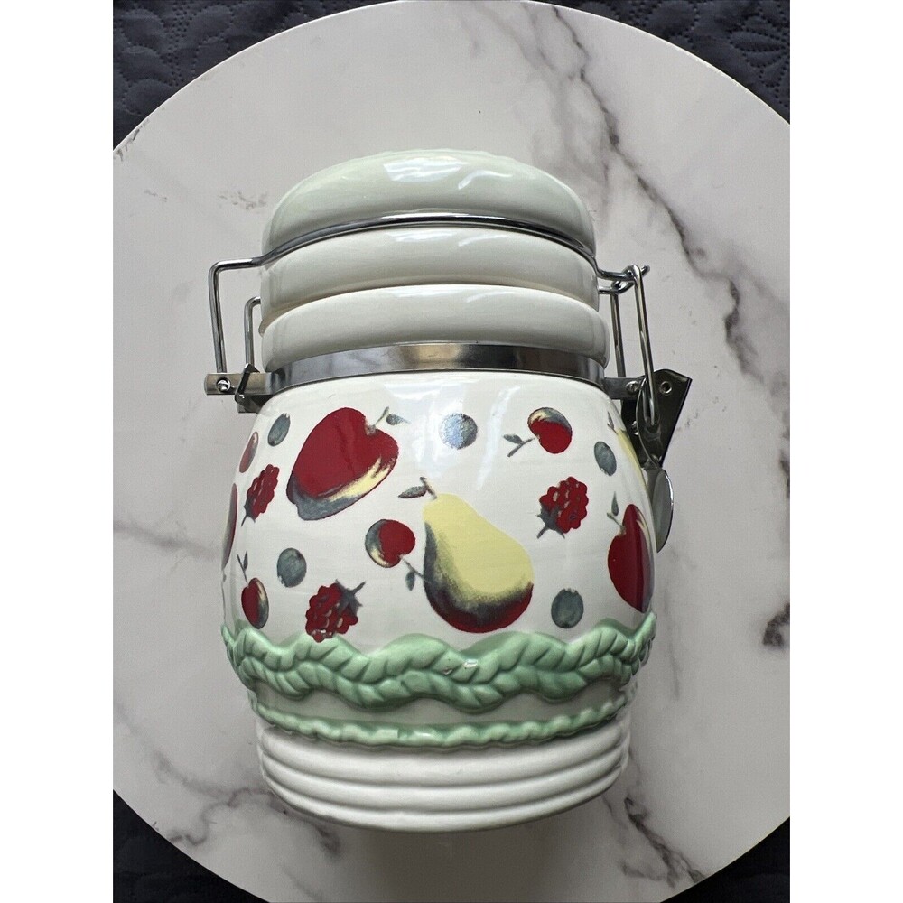 Crock Canister Apples 5.75" T.  Decor VTG Cream Ivory Jar Lidded Fruit Farmhouse